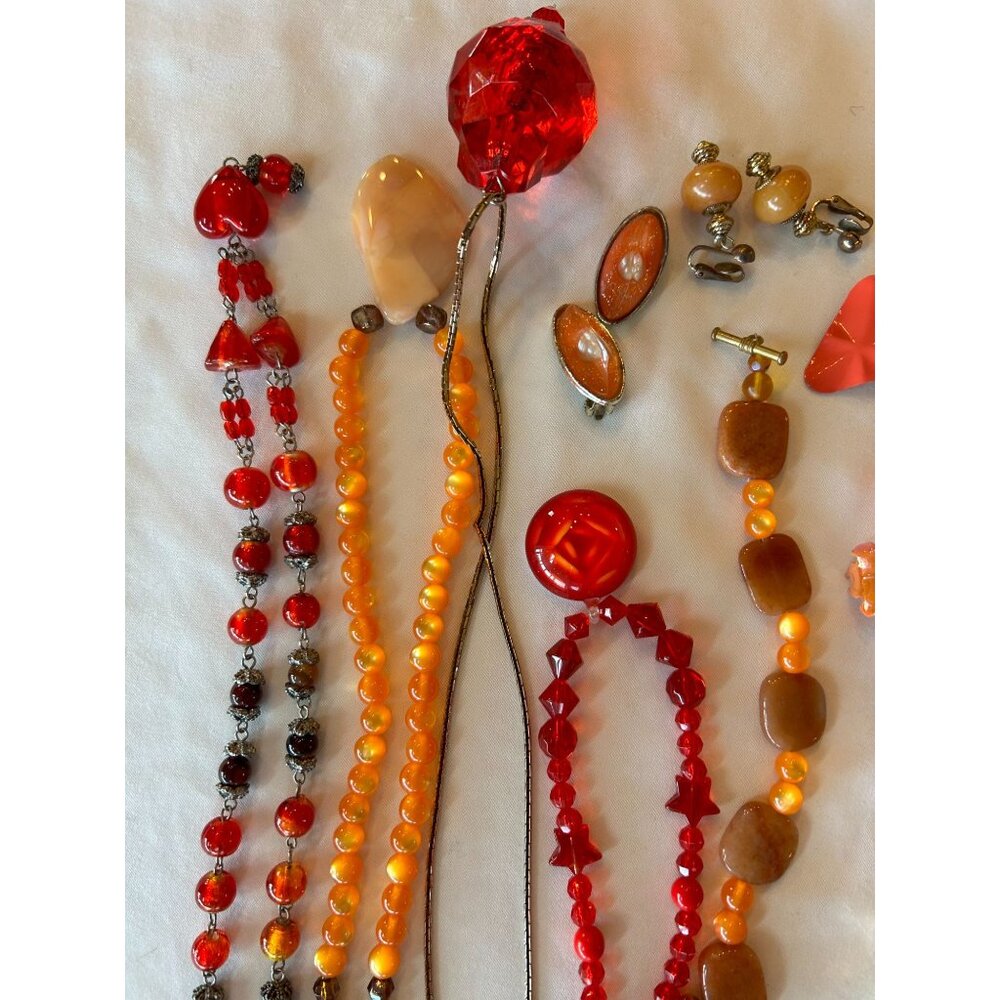 Vintage Red & Orange Beaded Necklace, Bracelet & Clip Earrings Jewelry Lot #2 - - Picture 4 of 5